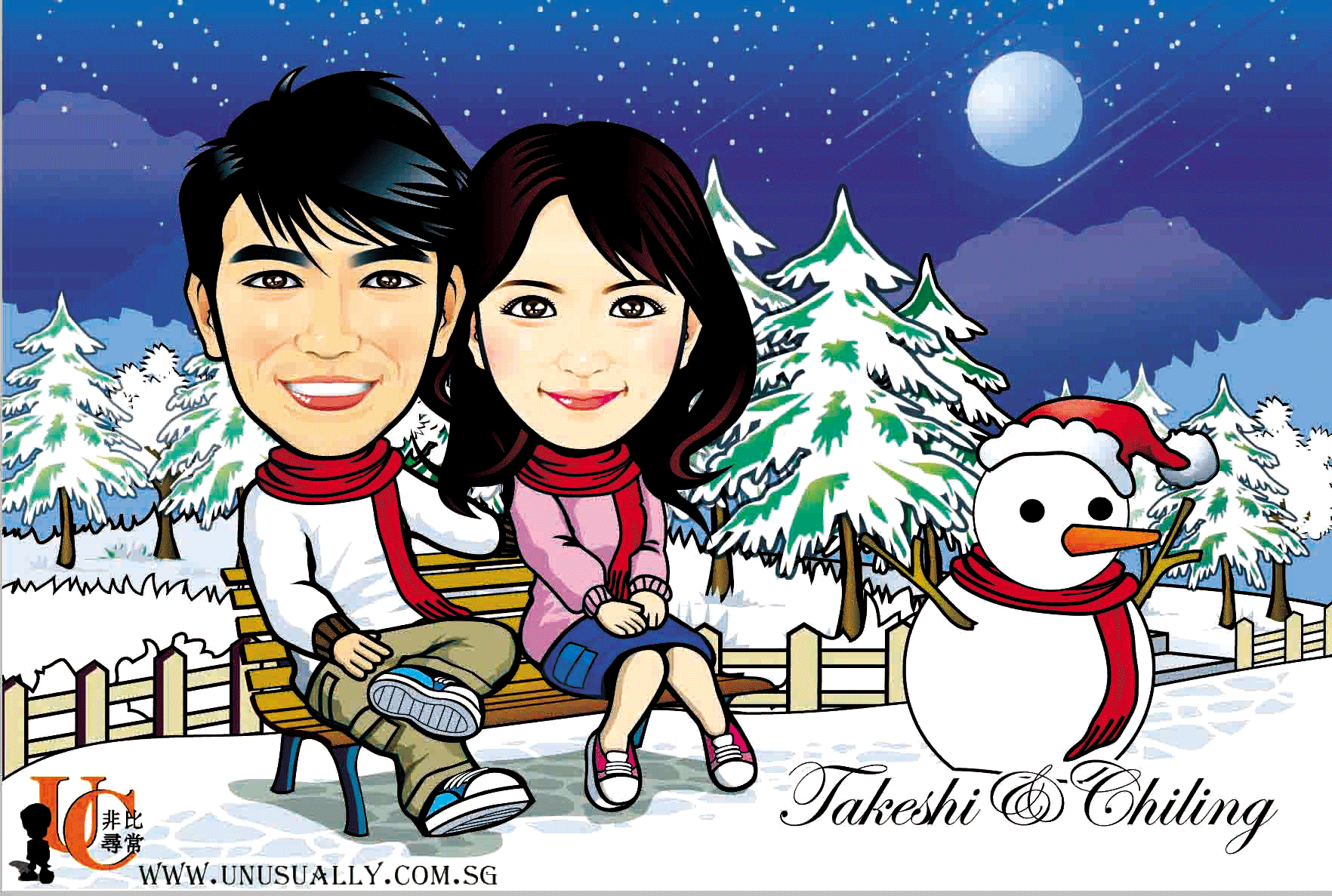 Personalized Winter Lovely Couple Theme Caricature Drawing